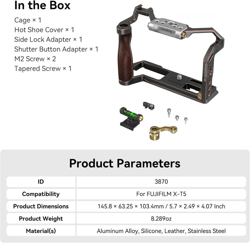 SMALLRIG X-T5 Cage Retro-Käfig für FUJIFILM X-T5, mit Blitzschuhabdeckung mit Wasserwaage, 3/8"-16 A