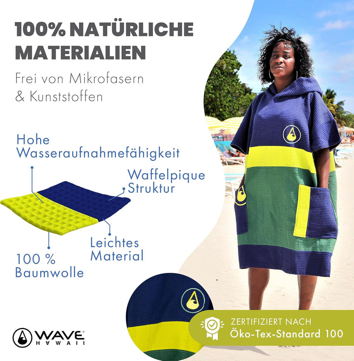 WAVE HAWAII Poncho Pampatar Surfponcho 100% Baumwolle für Körpergrössen von 170-200 cm Umkleidehilfe