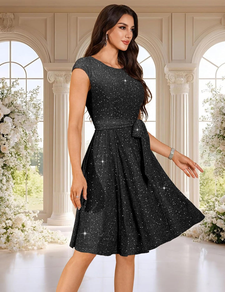 DRESSTELLS Damen Cocktailkleid M Glitzer Black, M Glitzer Black