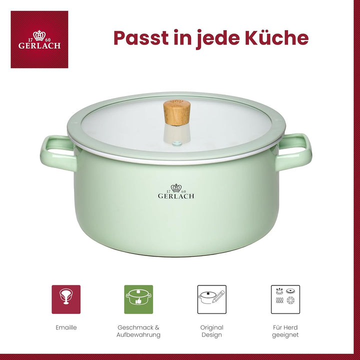 Gerlach 1760 Topf Kochtopf - 24 cm 5 L Emaille - Alle Herdarten - Deckel aus gehärtetem Glas - Paste