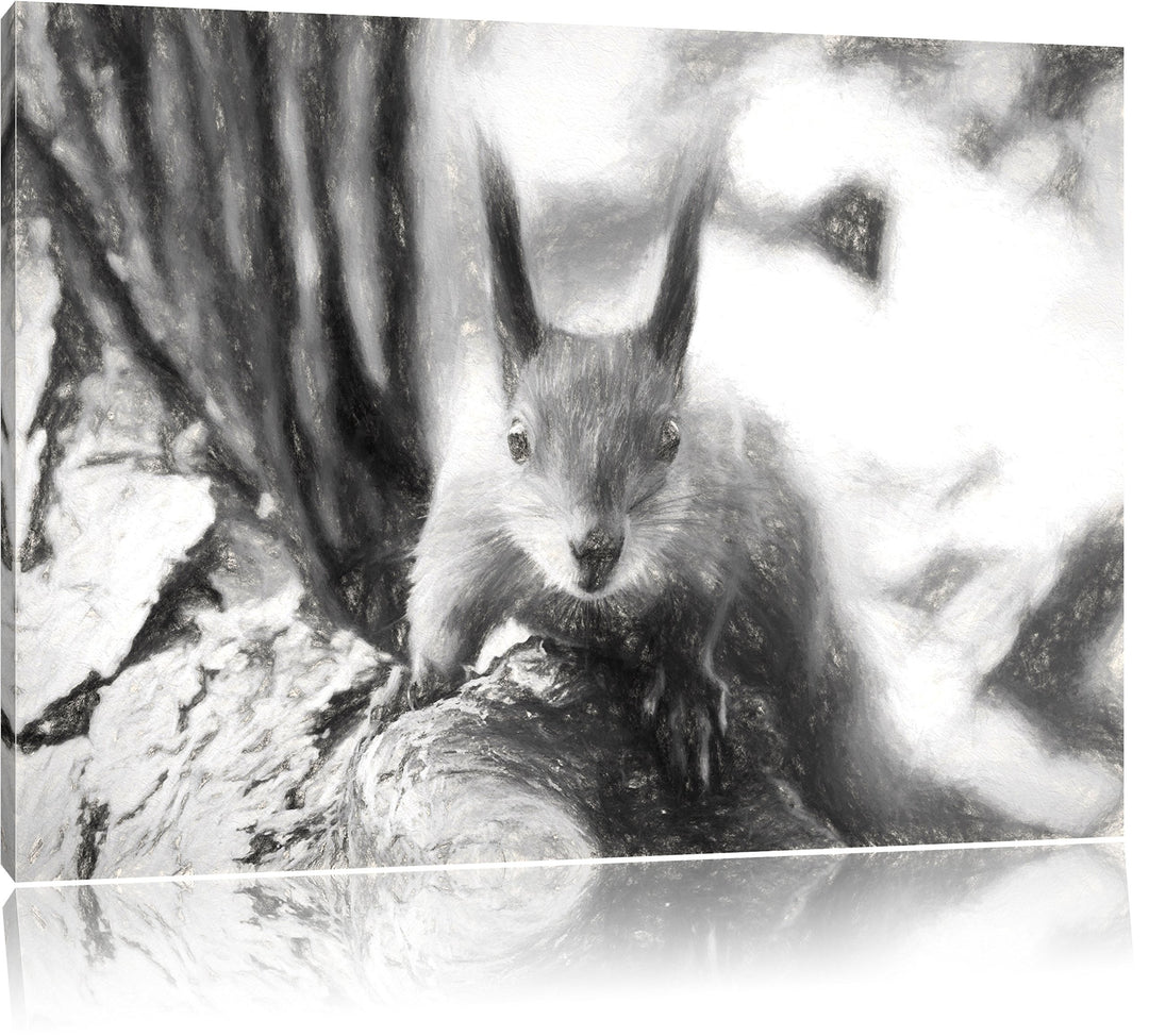 Pixxprint interessantes Eichhörnchen auf dem Baum Kunst Kohle Effekt, Format: 100x70 auf Leinwand, 1