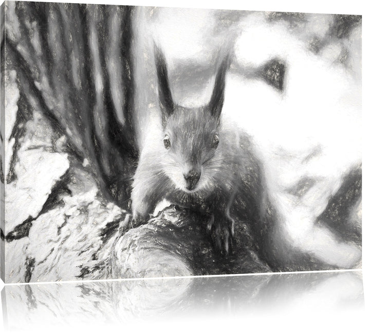 Pixxprint interessantes Eichhörnchen auf dem Baum Kunst Kohle Effekt, Format: 100x70 auf Leinwand, 1