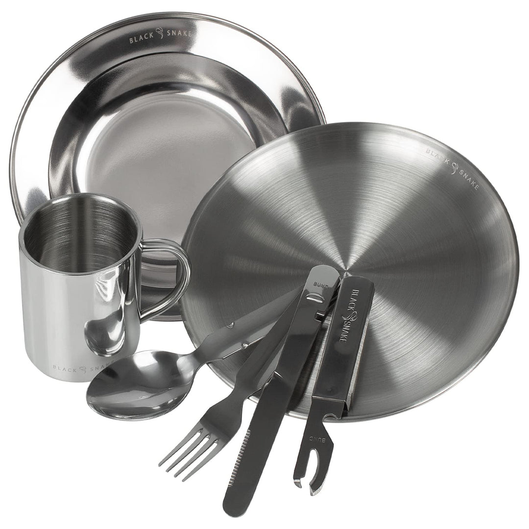 Black Snake® Camping Geschirr Set - Flacher & tiefer Teller mit Besteck und Tasse - Edelstahl Outdoo
