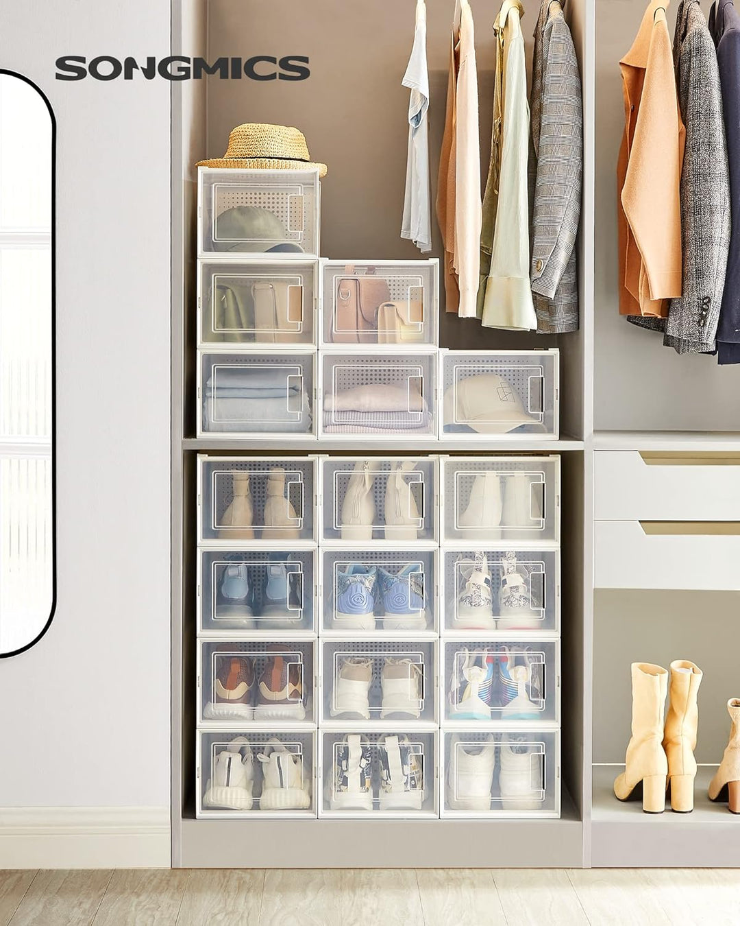 SONGMICS Schuhboxen, 18er Set, Aufbewahrungsboxen für Schuhe, Schuh-Organizer, Kunststoffboxen, falt