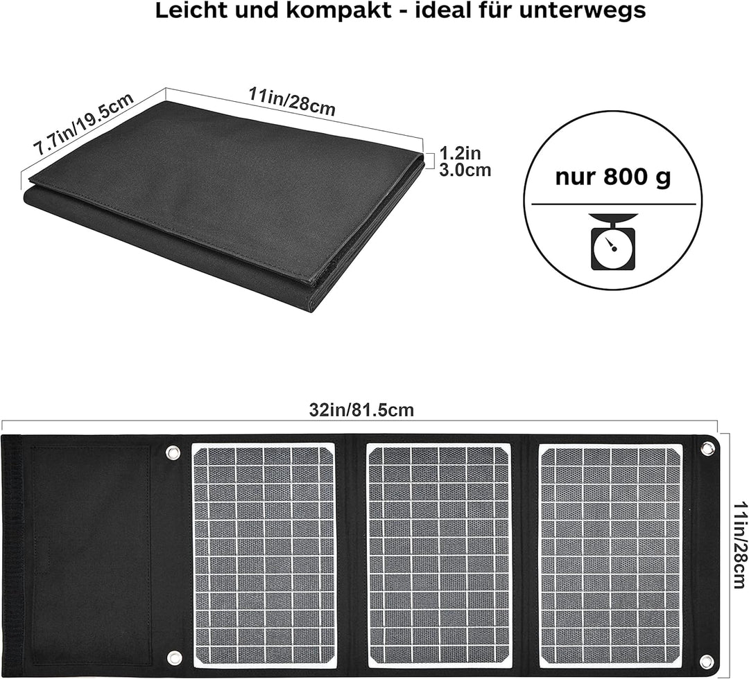 RealPower Solar Ladegerät 22W Faltbares Monokristalline Solarpanel mit USB Anschluss QC 3.0, ETFE wa