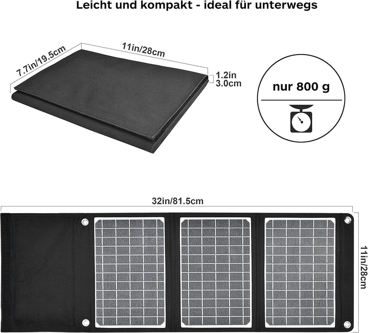 RealPower Solar Ladegerät 22W Faltbares Monokristalline Solarpanel mit USB Anschluss QC 3.0, ETFE wa