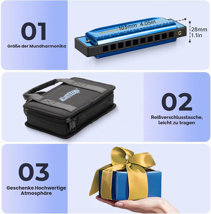 East Top 7 Tasten Mundharmonikaset verpackt, 10 Löcher T003 Professional Diatonic Blues Harmonica se