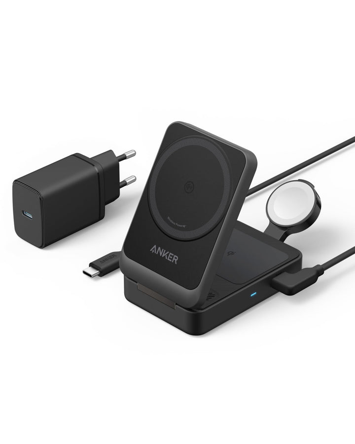 Anker MagGo 3-in-1 Ladestation, Qi2 zertifizierter 15W kabelloser Ladeständer, MagSafe kompatibel, A