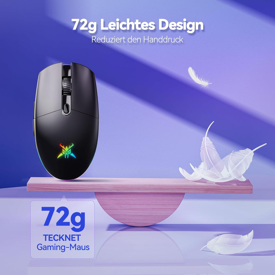 TECKNET Kabellose Gaming-Maus, RGB 2.4G/USB-C Kabelgebundene Gaming-Maus, 8000 DPI Wiederaufladbar,