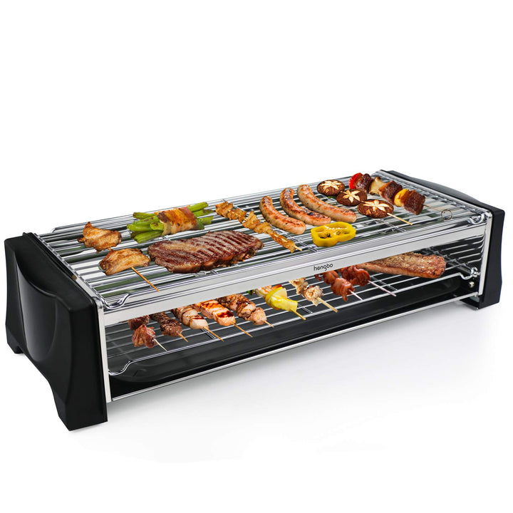 Tischgrill Elektrisch, Elektrogrill Doppelschicht, 2200W Elektro Grill Smokeless BBQ Grill für Balko