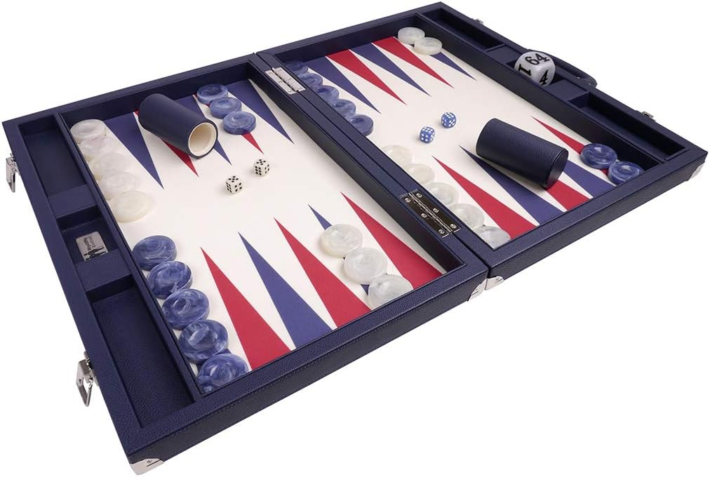 Wycliffe Brothers 53,3 cm Turnier Backgammon-Set - blauer Koffer mit Vanillefeld - Masters Edition