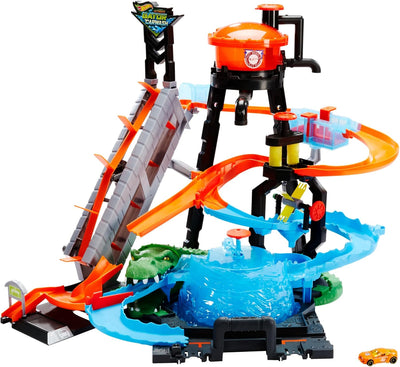 Hot Wheels FTB67 - City Ultimative Autowaschanlage mit Krokodil, Car Wash Waschstation Spielset mit