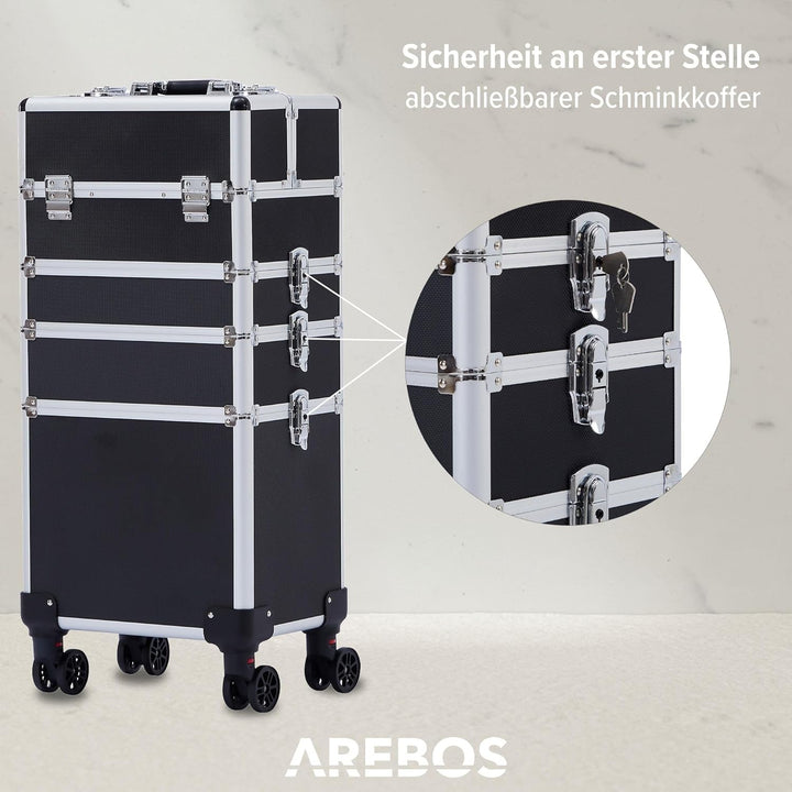 Arebos 4-in-1 Kosmetikkoffer | 4 Fächer & 1 Schublade | Teleskop- und Tragegriff | 8 Schlösser | 4X