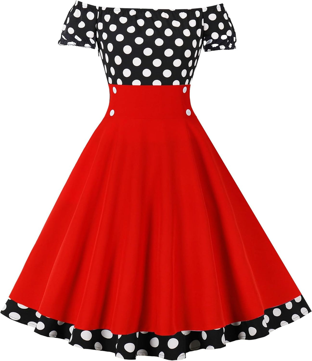 AXOE Damen Schulterfrei Kleid 50er Jahre Cocktailkleid mit Kurz Ärmel XS Rot/Schwarz, XS Rot/Schwarz