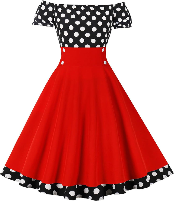 AXOE Damen Schulterfrei Kleid 50er Jahre Cocktailkleid mit Kurz Ärmel XS Rot/Schwarz, XS Rot/Schwarz