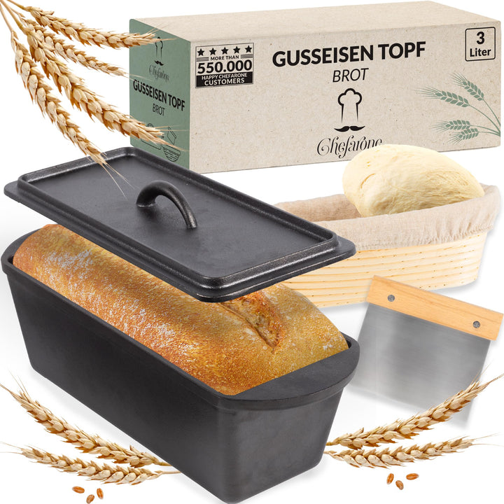 Chefarone Gusseisen Brotbackform mit Deckel - Backform für Brot und Kuchen - brotbacktopf aus gussei