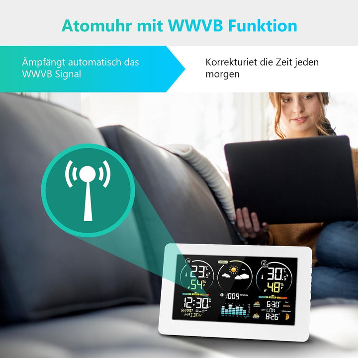 Wetterstation Funk mit Aussensensor, 7,8 Zoll Grosses Farbdisplay mit Beleuchtung & DCF Funkuhr, Wet