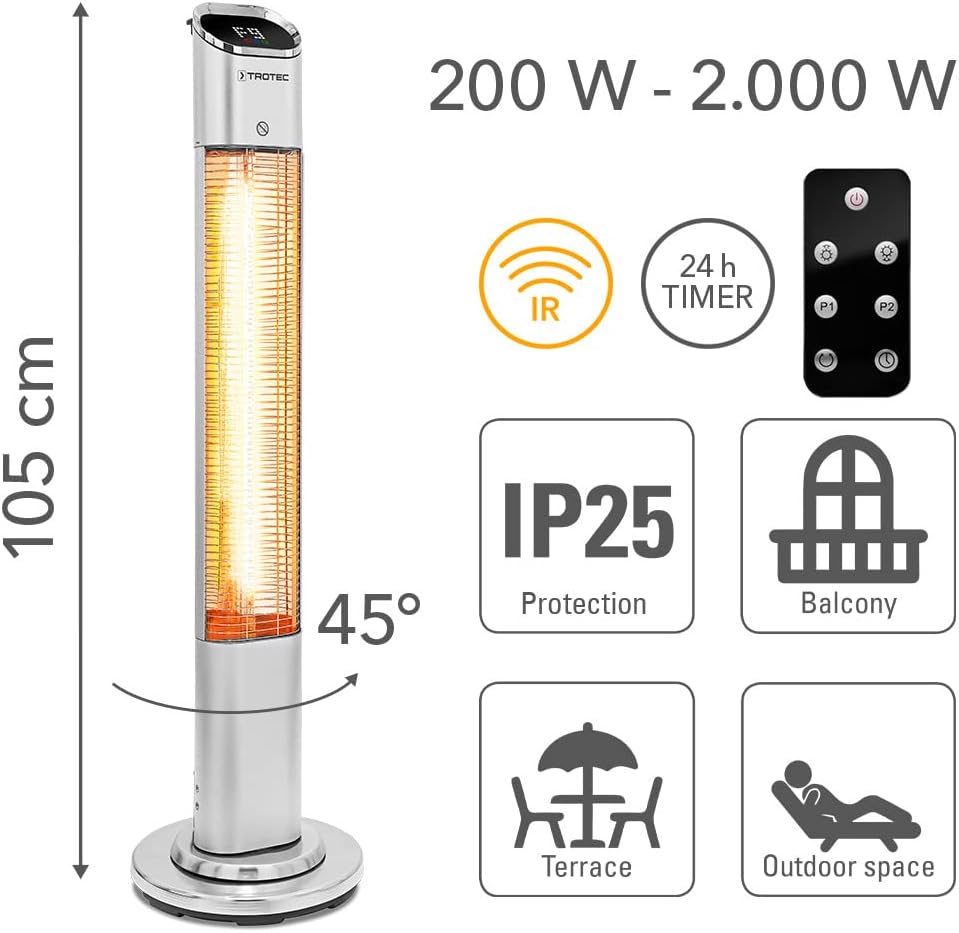 TROTEC Infrarotheizung Standgerät IRS 2050 E – Heizleistung 200 W / 2000 W – Heizstrahler, IP25, ink