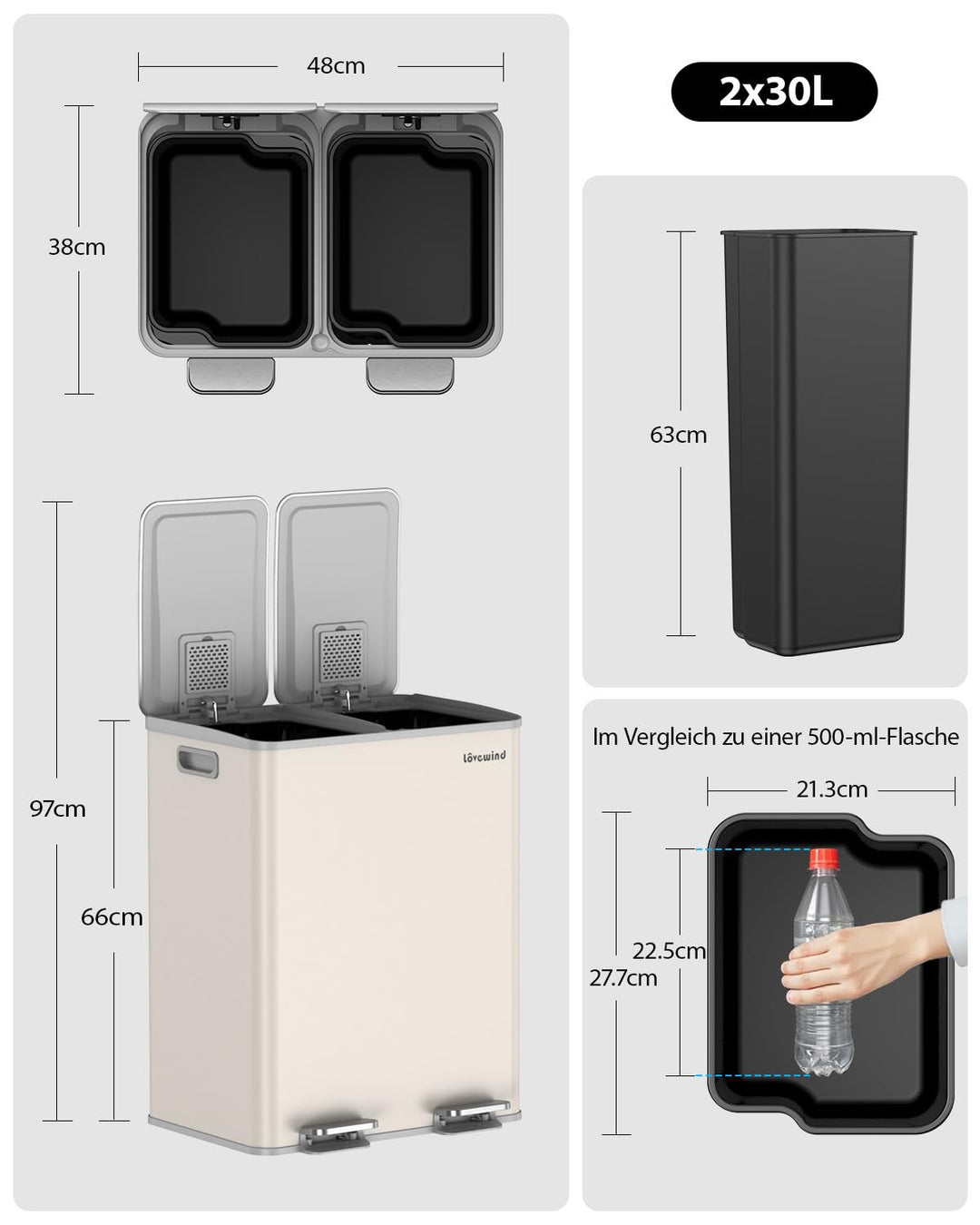 lovewind Mülleimer, 2 x 30L Mülleimer Küche,Doppeleimer für Recycling und Abfall,Soft Beige,Mülleime