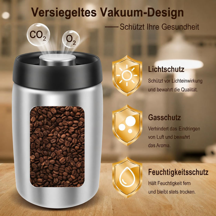 2 Stück Kaffeedose Luftdicht, 1,2L Kaffeebohnen mit Vakuumdeckel | Lebensmittelqualität 304 Edelstah