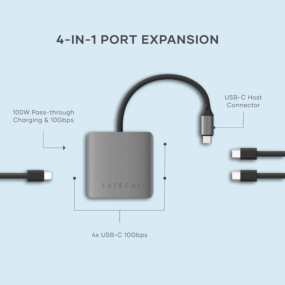 SATECHI USB-C Hub 4-in-1 Multiport Adapter, 100W PD Ladefunktion, USB 3.2 10-Gbit/s-Datenanschlüsse,