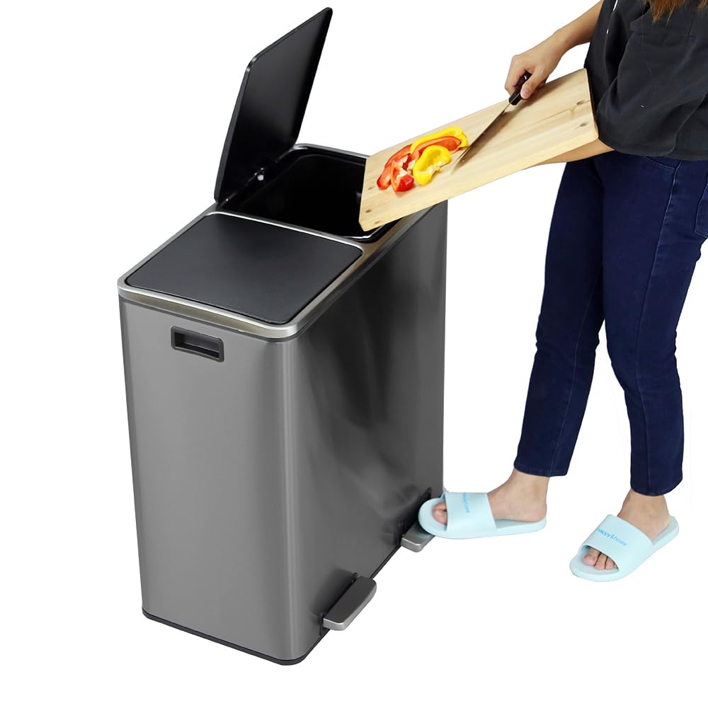 Panana Mülleimer, 60 l (2 x 30 Liter), Mülltrennsystem für die Küche, Treteimer aus Metall mit sanft