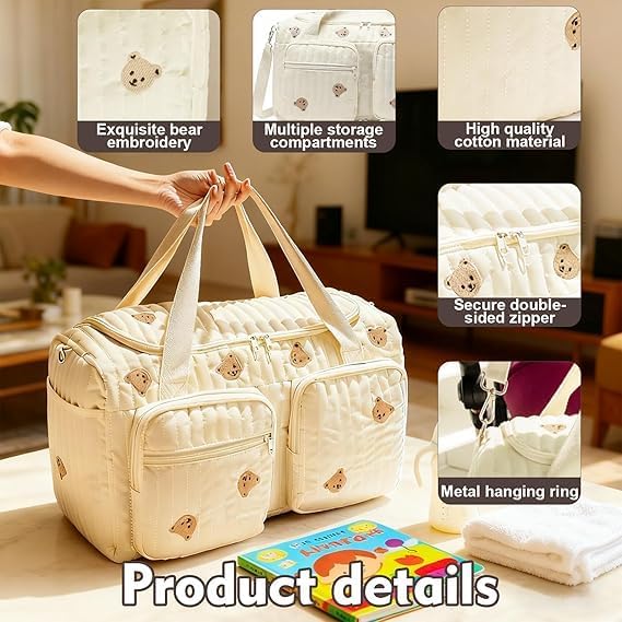 Grosse Wickeltasche & Kliniktasche für Mütter, aus Baumwolle mit Bestickung, grosses Fassungsvermöge
