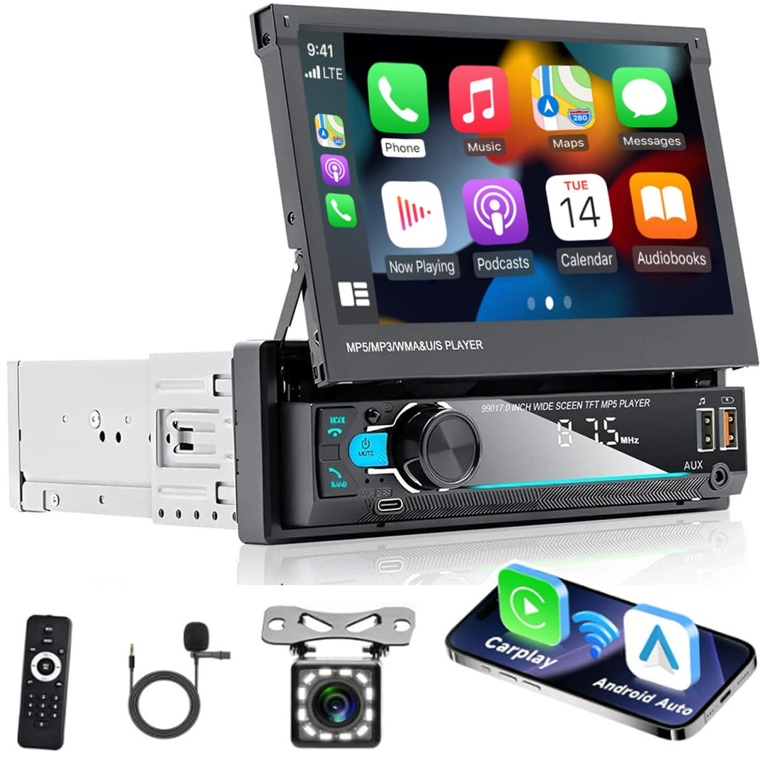 Hikity AM FM Autoradio 1 Din Wireless Carplay Android Auto, 7 Zoll Manuelle Ausfahrbarem Display Tou