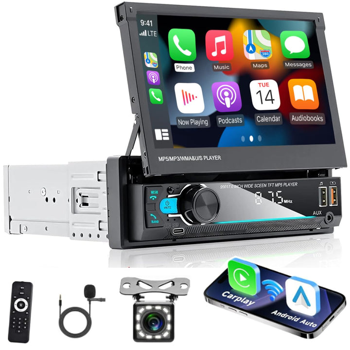 Hikity AM FM Autoradio 1 Din Wireless Carplay Android Auto, 7 Zoll Manuelle Ausfahrbarem Display Tou