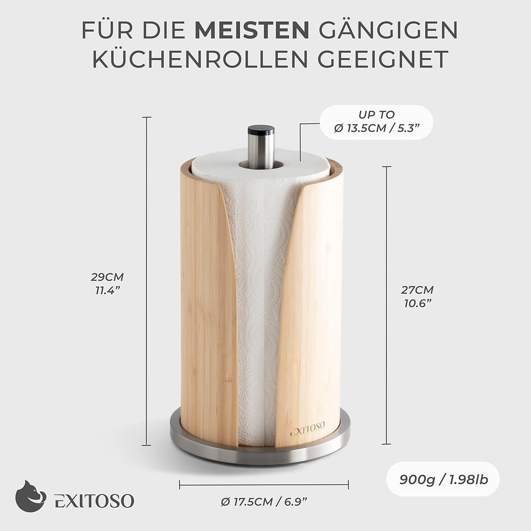 EXITOSO Küchenrollenhalter Bambus - Halter Küchenrolle Edelstahl - Küchentuchhalter - Küchenrollenha