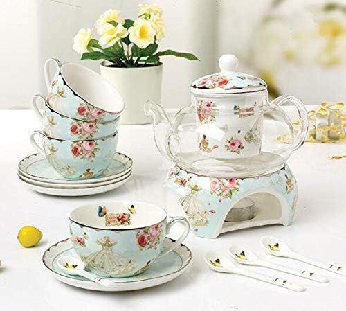 YBK Tech Teekanne mit Stövchen und Teesieb aus feinem Porzellan und Glas (Blau (Rosen- und Kleidermu
