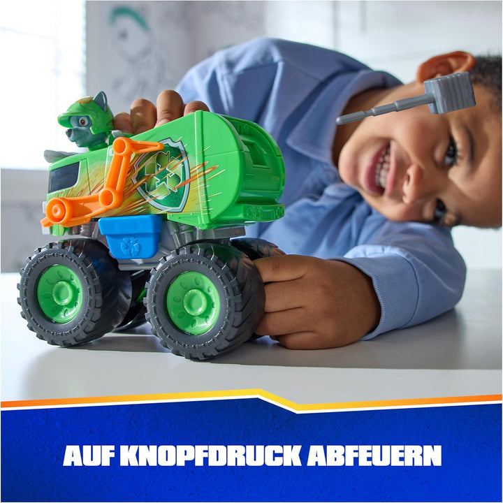 PAW PATROL Rescue Wheels - Rockys Recycling Monstertruck mit Geschoss-Abwurf und Rocky Hundefigur, S