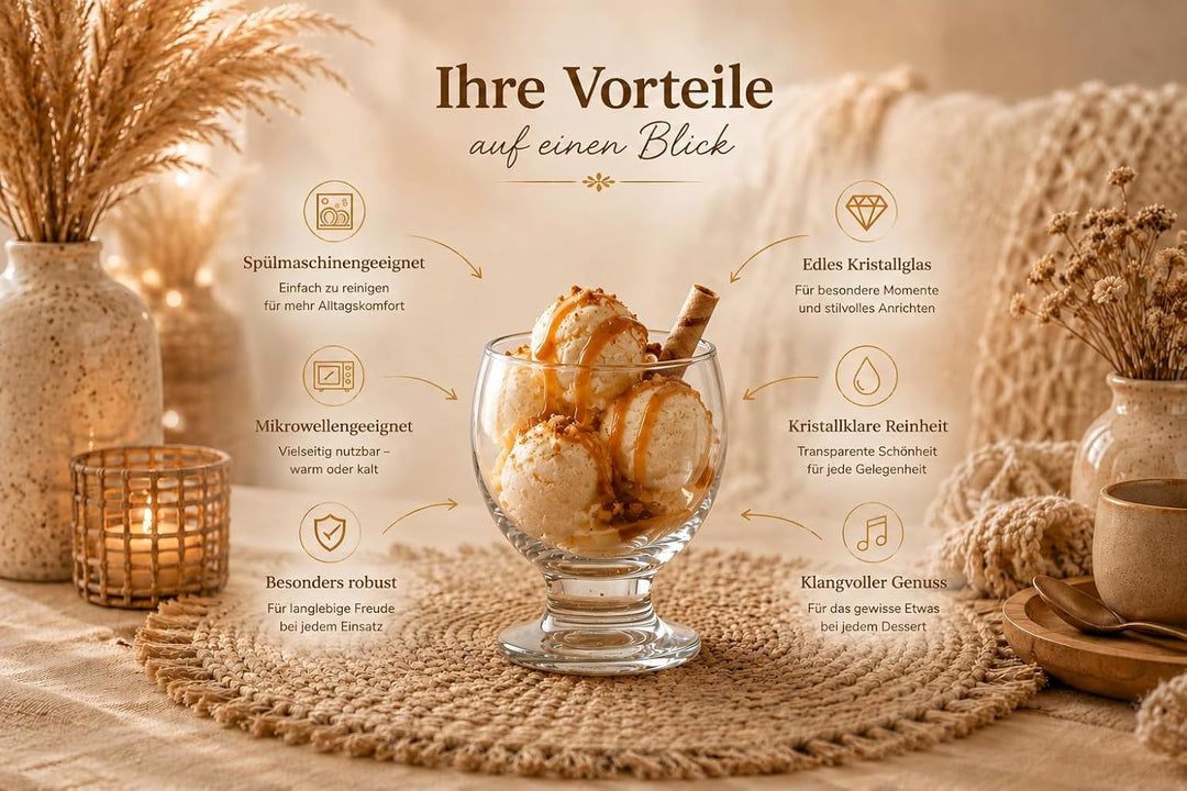 Dessertgläser 6er Set – 215 ml Eisschalen-Kelchgläser – Ideal für Eis, Desserts, Cocktails & kalte G