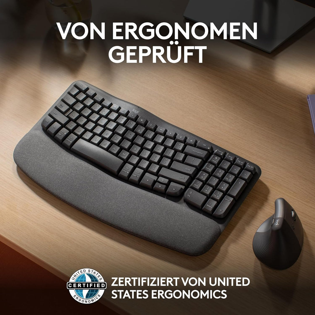 Logitech Wave Keys kabellose ergonomische Tastatur, gepolsterte Handballenauflage, komfortables natü