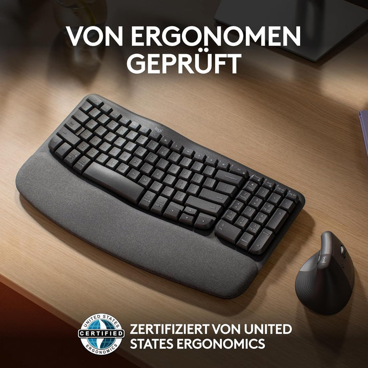Logitech Wave Keys kabellose ergonomische Tastatur, gepolsterte Handballenauflage, komfortables natü