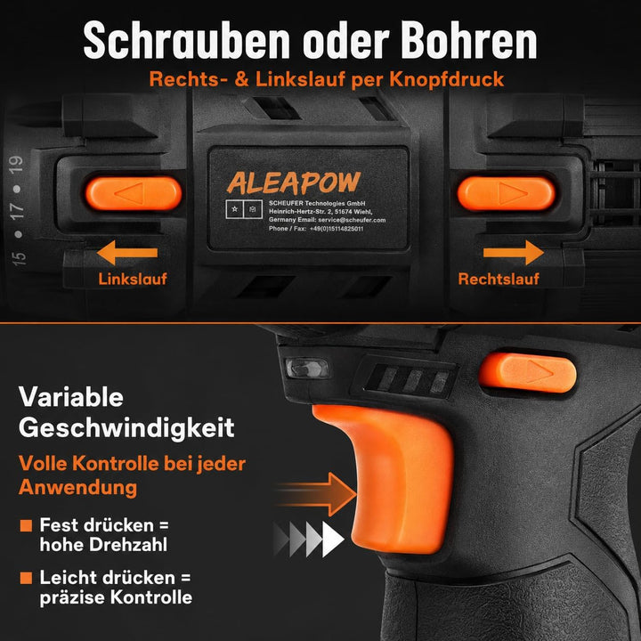 Akku-Bohrschrauber mit hoher Leistung, zwei Gängen, umfangreichem Zubehörset, LED-Licht, Schnelllade