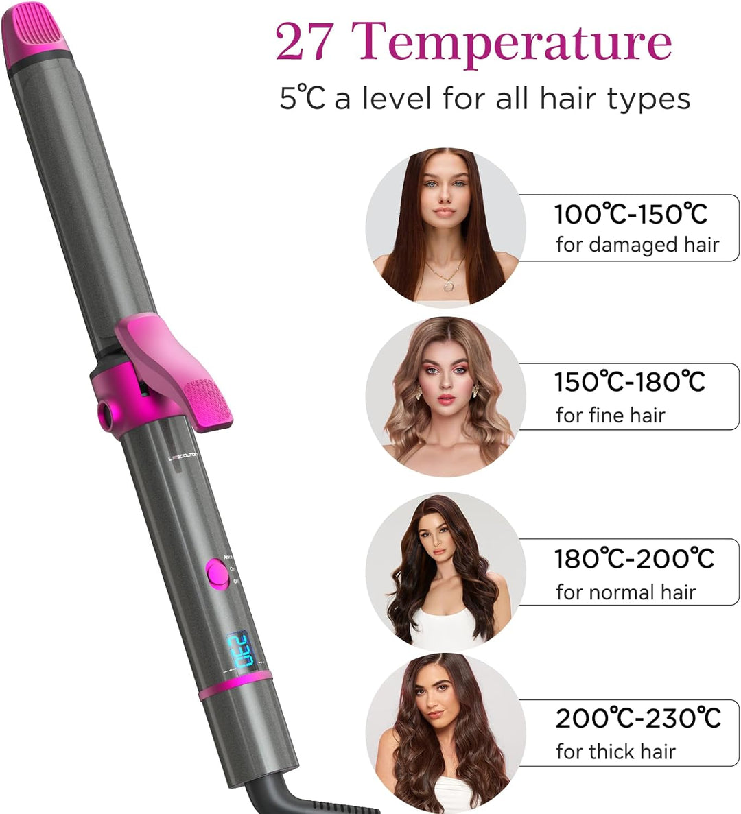 Lockenstab und Glätteisen 2 in 1, Nano-Titan-Beschichtung, Curler Iron mit LCD Display, 27 Einstellb