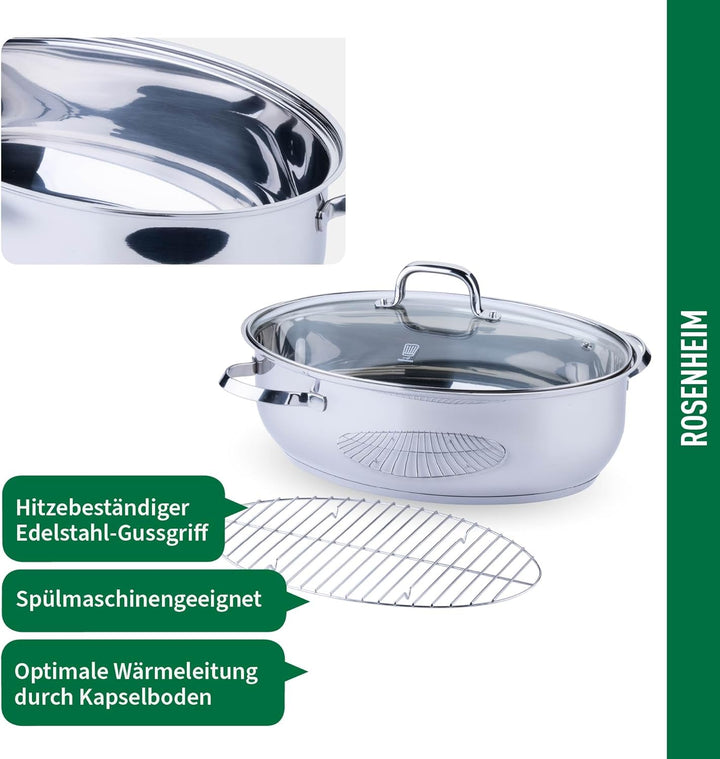 Chefkoch trifft Fackelmann Bräter Rosenheim – Ø38 cm, mit Glasdeckel, Edelstahl-Gussgriff und Rostei