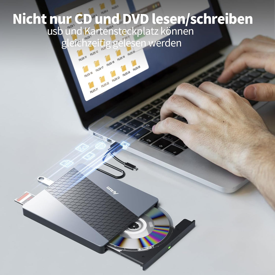 Alxum Externes DVD Laufwerk - USB 3.0 Type C CD Laufwerk extern USB mit SD/TF Kartenleser und USB An
