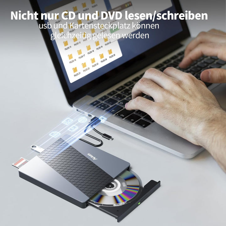 Alxum Externes DVD Laufwerk - USB 3.0 Type C CD Laufwerk extern USB mit SD/TF Kartenleser und USB An