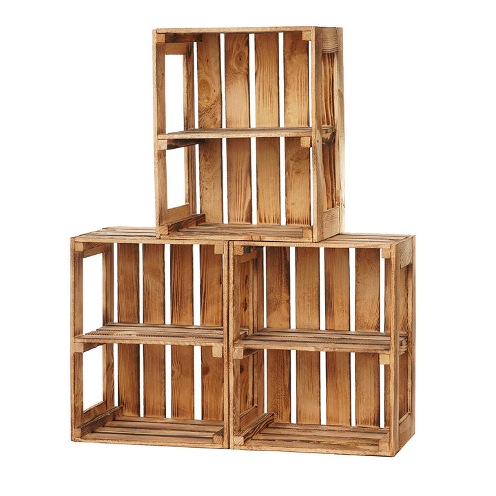 GrandBox Geflammte Holz-Kiste 50x40x30cm 3er Set mit Mittelbrett, Wein-Kiste, Obst-Kiste, Kaminholz-