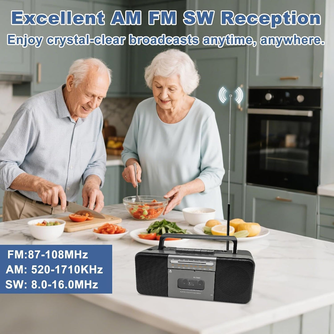 Tragbarer Bluetooth Kassettenspieler Boombox mit Kassettenrecorder, AM/FM/SW Radio, 10W Dual-Lautspr