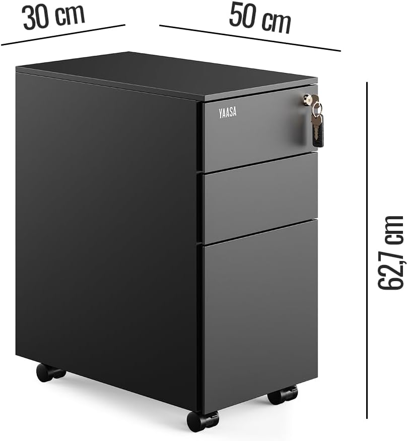 Yaasa File Cabinet Edged Kompakt Schwarz - Rollcontainer aus Stahl, Aktenschrank mit 3 verschliessba