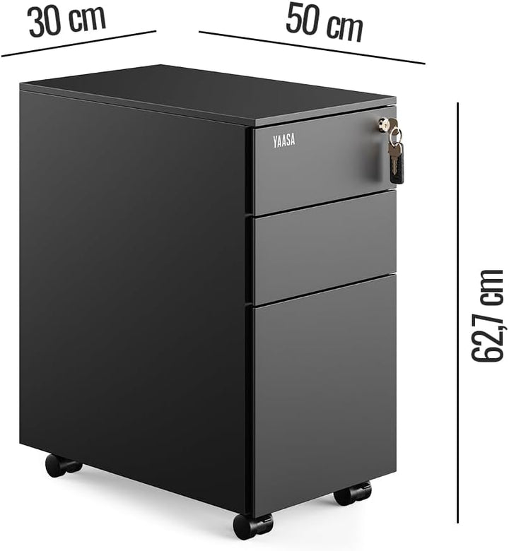 Yaasa File Cabinet Edged Kompakt Schwarz - Rollcontainer aus Stahl, Aktenschrank mit 3 verschliessba