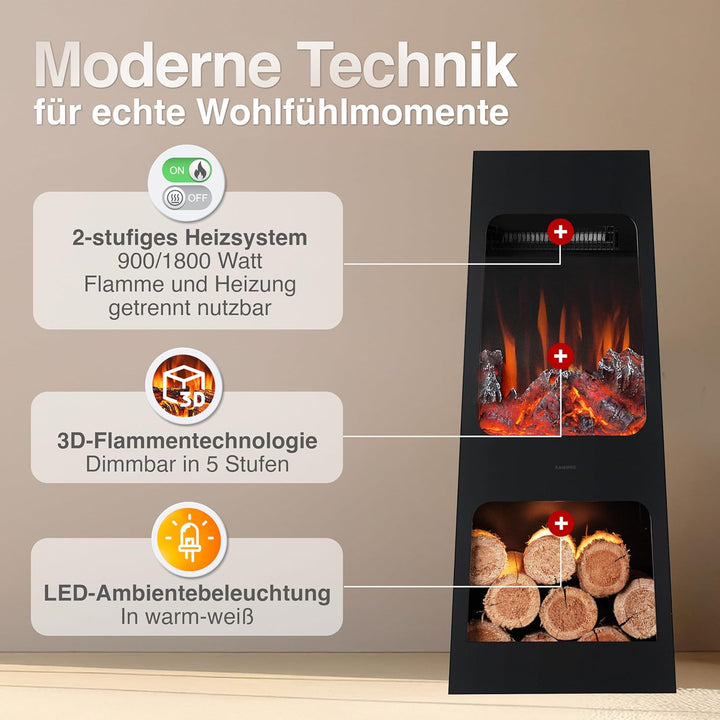 KAMINIO Elektrischer Gartenkamin Kai - Elektro Terrassenofen mit Heizung, 3D-Flammeneffekt, Holzfach