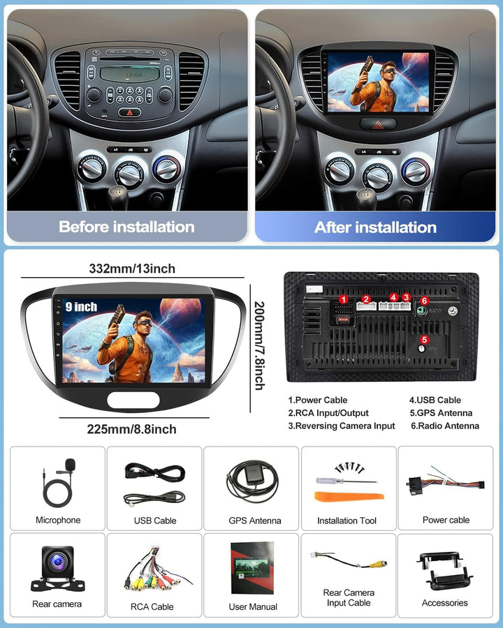CAMECHO 2G+64G Android 13 Autoradio mit Navi für Hyundai i10 (2007-2013),Doppel Din Autoradio mit Ca