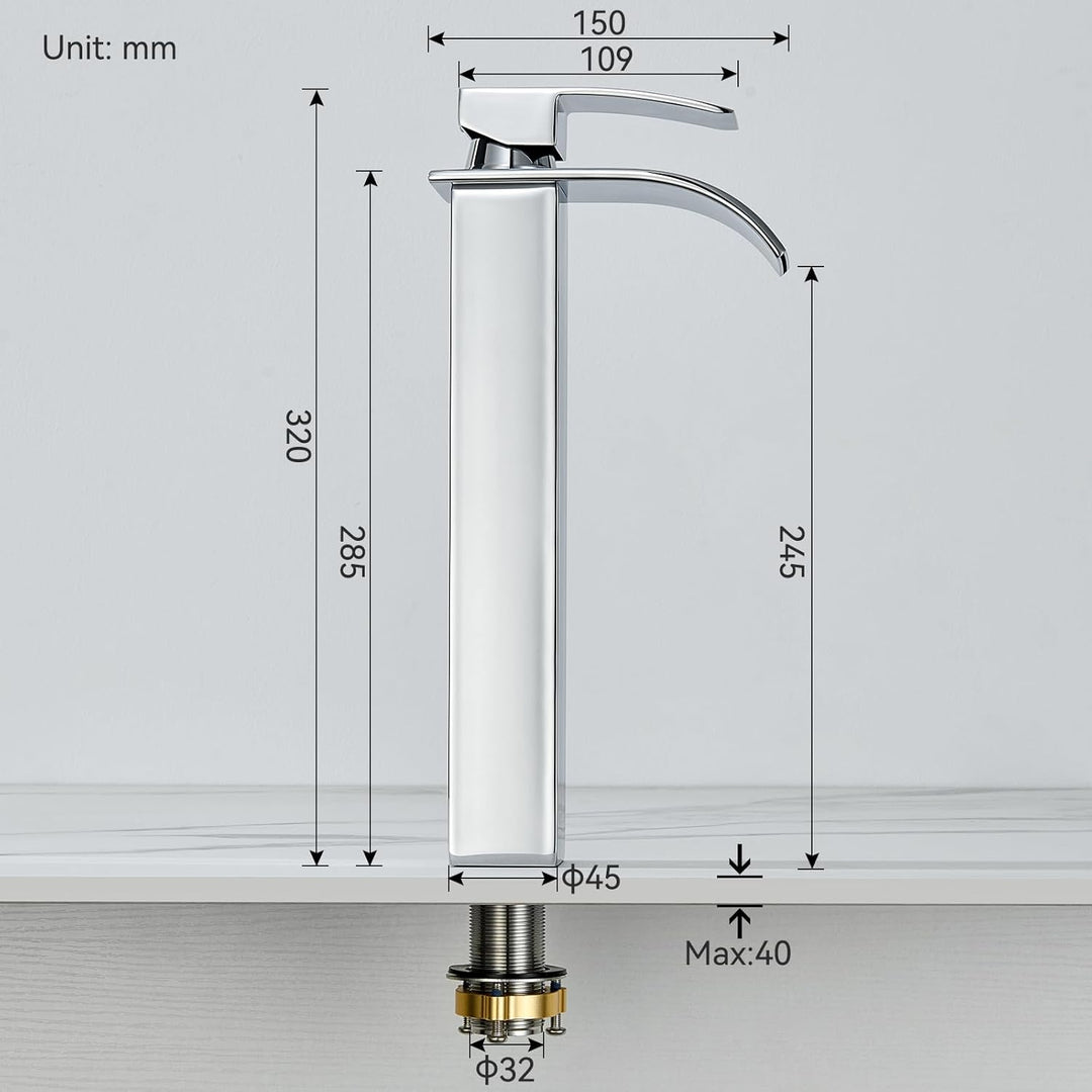 CECIPA Wasserhahn Bad Hoch, Waschtischarmatur Wasserfall, Armatur Badezimmer Edelstahl, Waschbecken