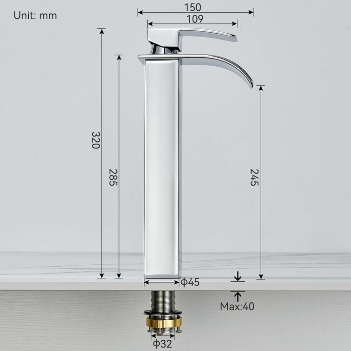 CECIPA Wasserhahn Bad Hoch, Waschtischarmatur Wasserfall, Armatur Badezimmer Edelstahl, Waschbecken