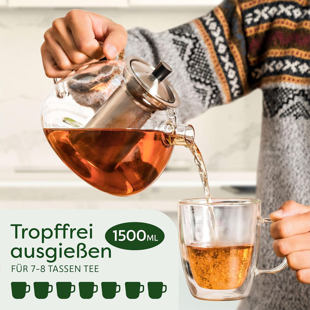 Cosumy Teekanne mit Sieb und Stövchen - 1,5 Liter - Hält lange warm - Spülmaschinenfest - Glas Teebe