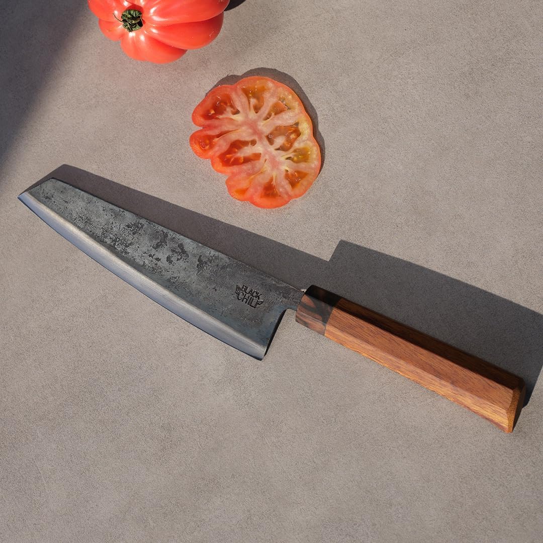 Chefmesser | Eisenholz Griff | 19 cm Carbonstahl Klinge mit 61–63 HRC | Profi Kochmesser für Fisch,